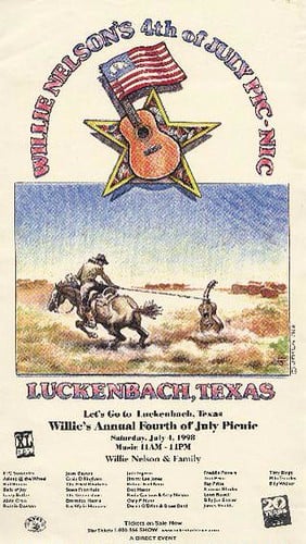 Concert poster, July 4, 1998, with cowboy on horseback roping a guitar